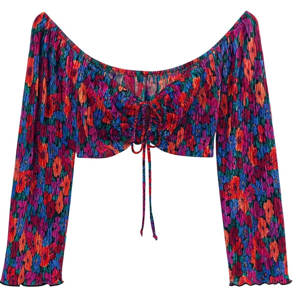 Wild Fable Floral Tie-Front Crop Top Red & Blue LongSleeve Boho Peasant Style XS - Picture 2 of 10